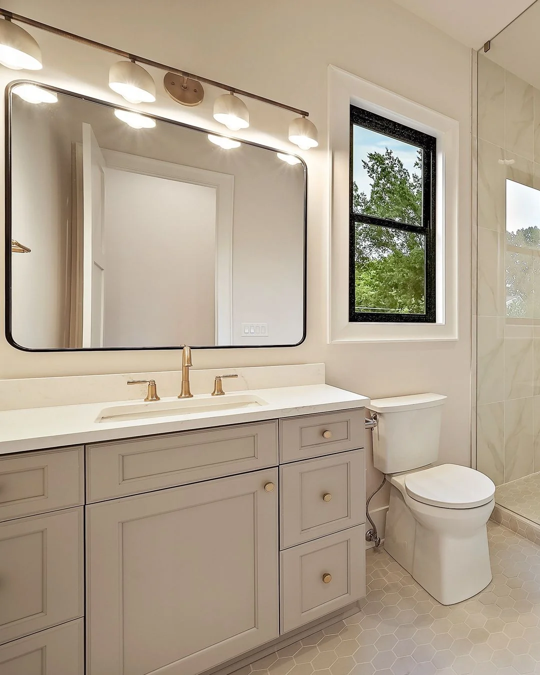 R&B project photo: gray bathroom vanity and mirror