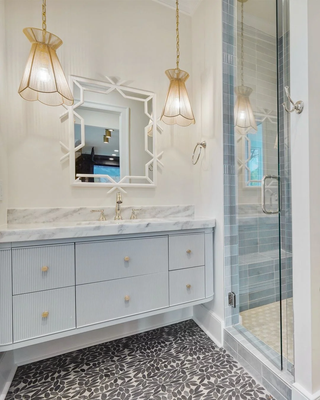 R&B project photo: light blue bathroom vanity with framed mirror