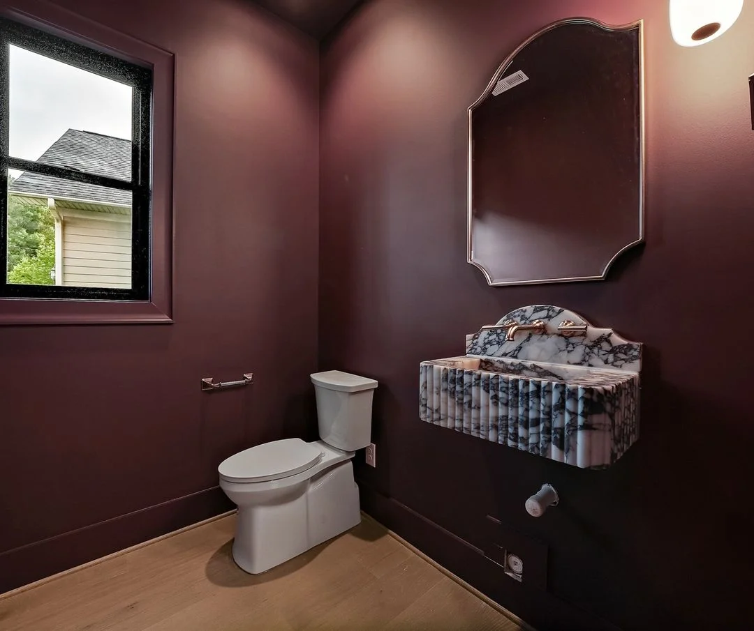 R&B project photo: powder room with burgundy finishes