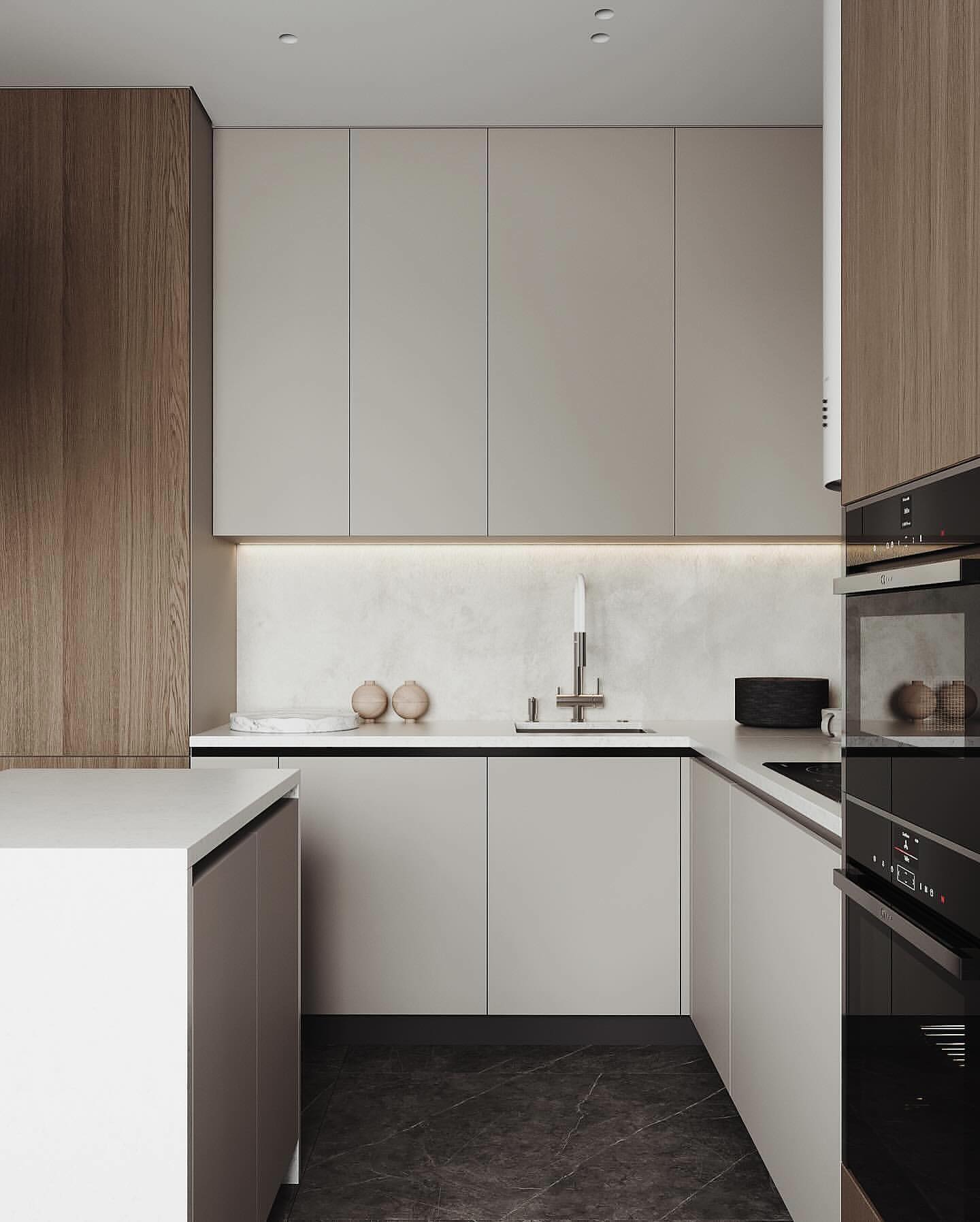 R&B project: white flat-panel cabinets beside a wood tall cabinet over a gray floor