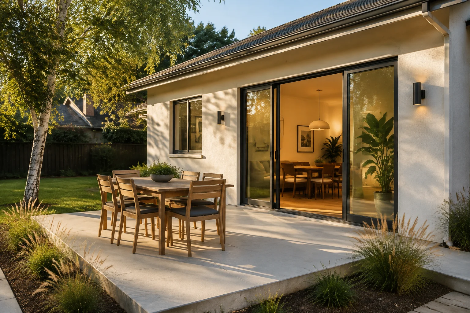 Home exterior reference with large openings and light facade finishes