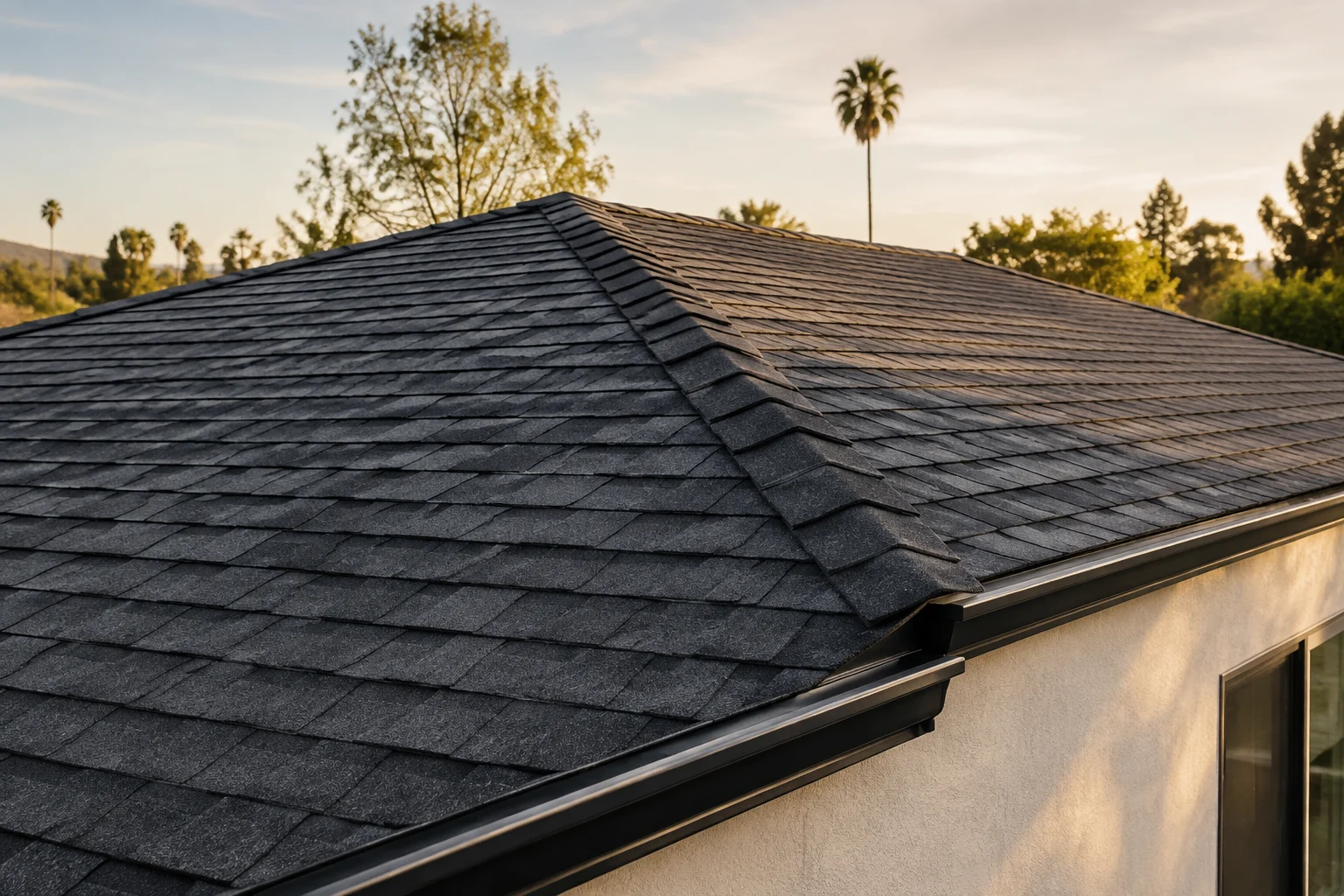 Roofing reference with charcoal shingles and clearly visible roof slopes