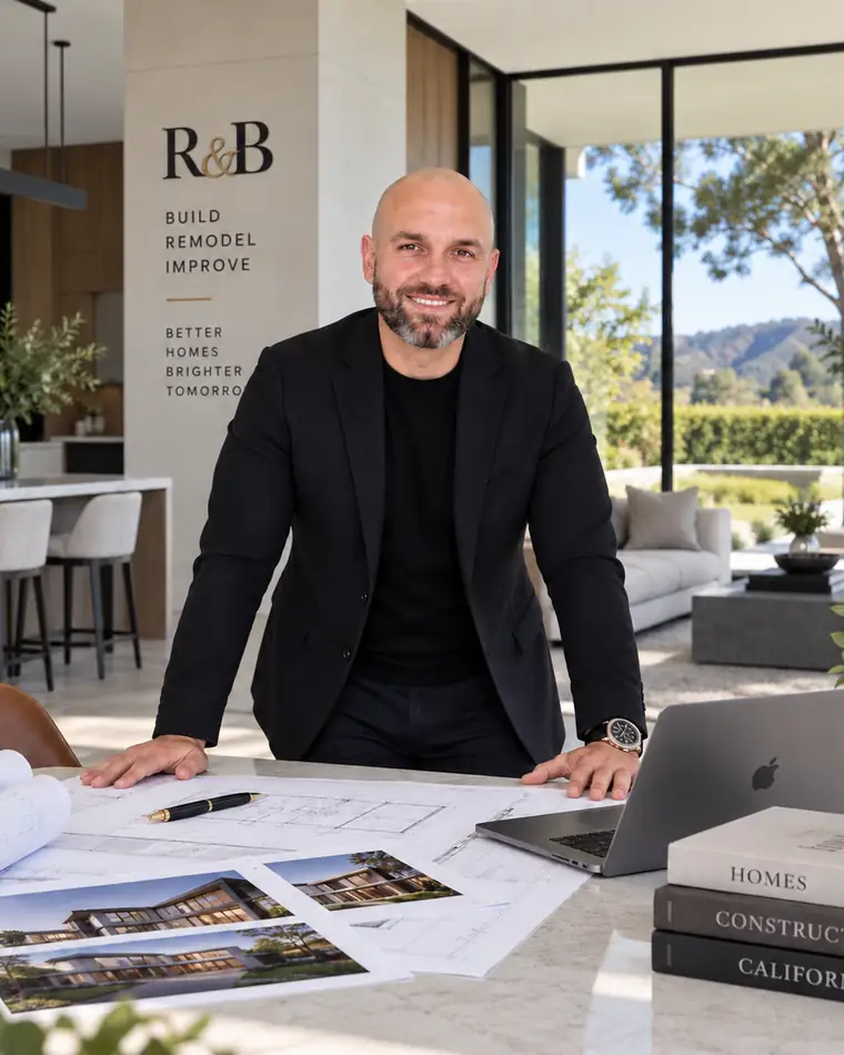 Stylized professional portrait of Ruslan Banakhovskyi in a black jacket beside architectural drawings in a daylight-filled residence