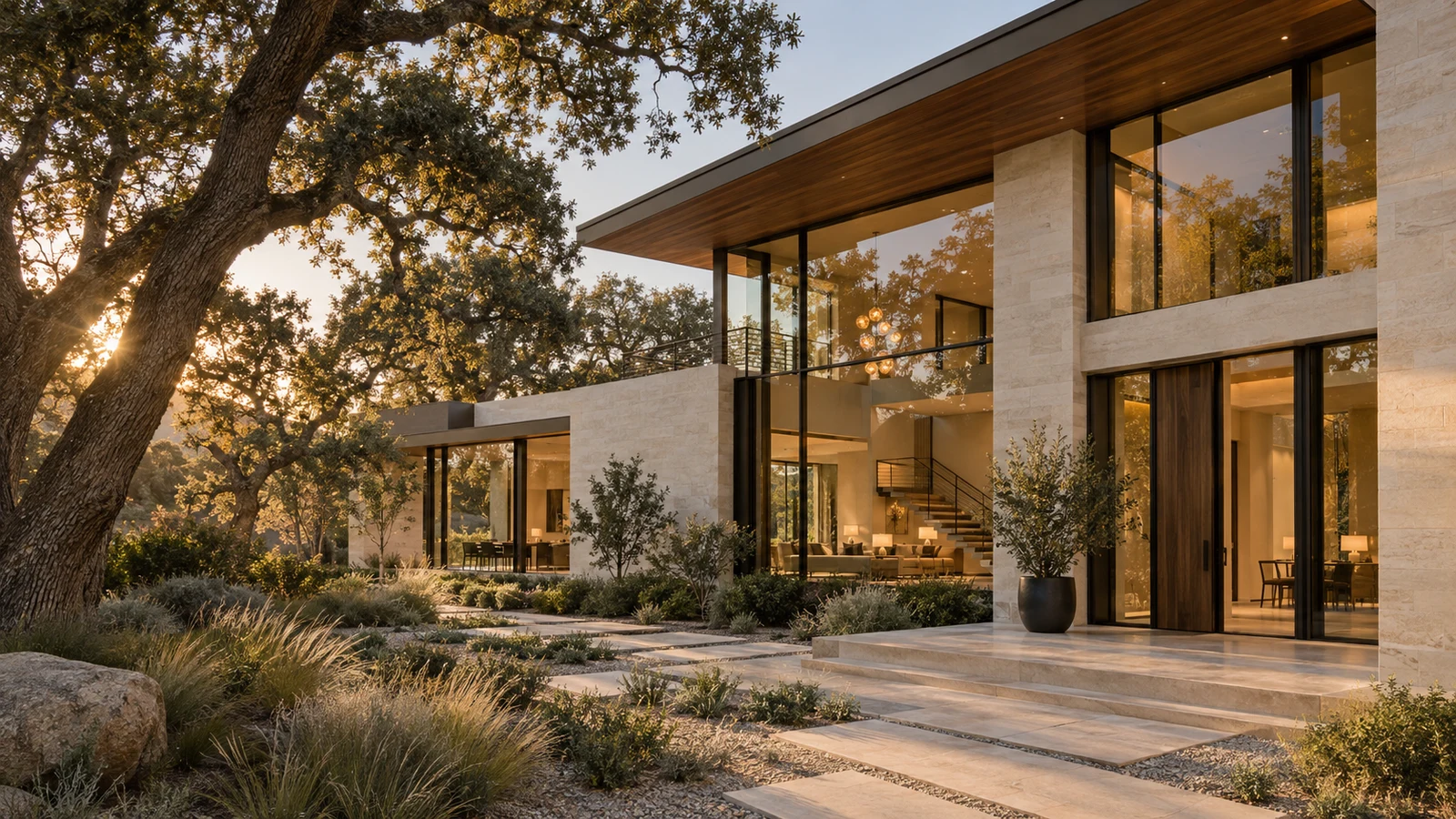 Architectural concept of a California residence with limestone, warm oak and softly lit windows among mature trees