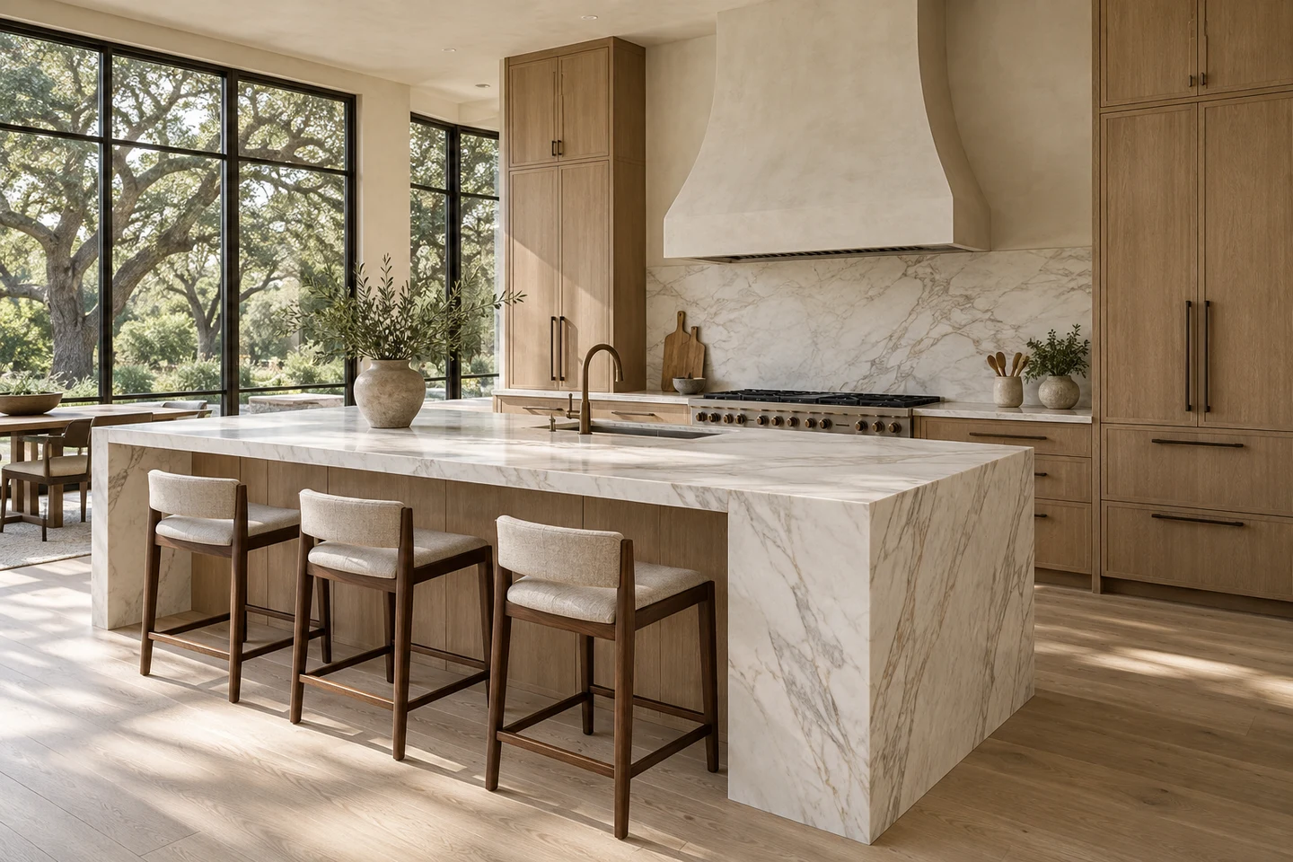 Illustrative kitchen with warm oak cabinetry, a veined marble island, upholstered stools and a large garden window