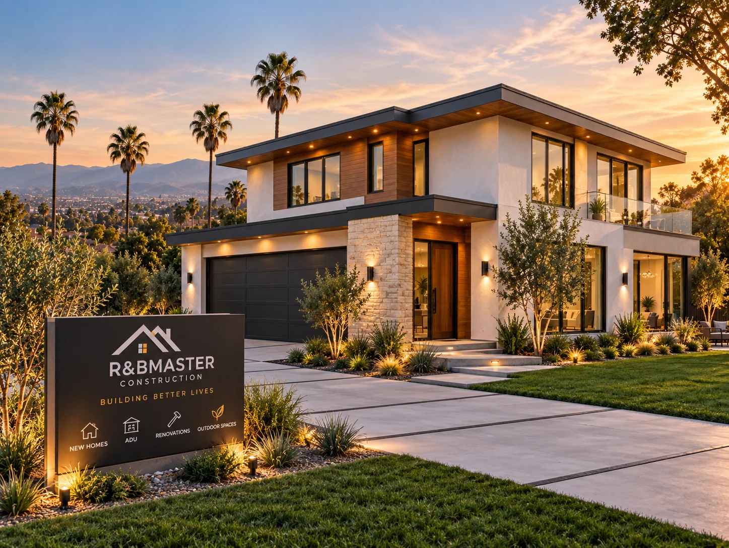 Illustrative modern two-story California home at sunset with cream stucco, wood and stone finishes, a garage and a landscaped entry