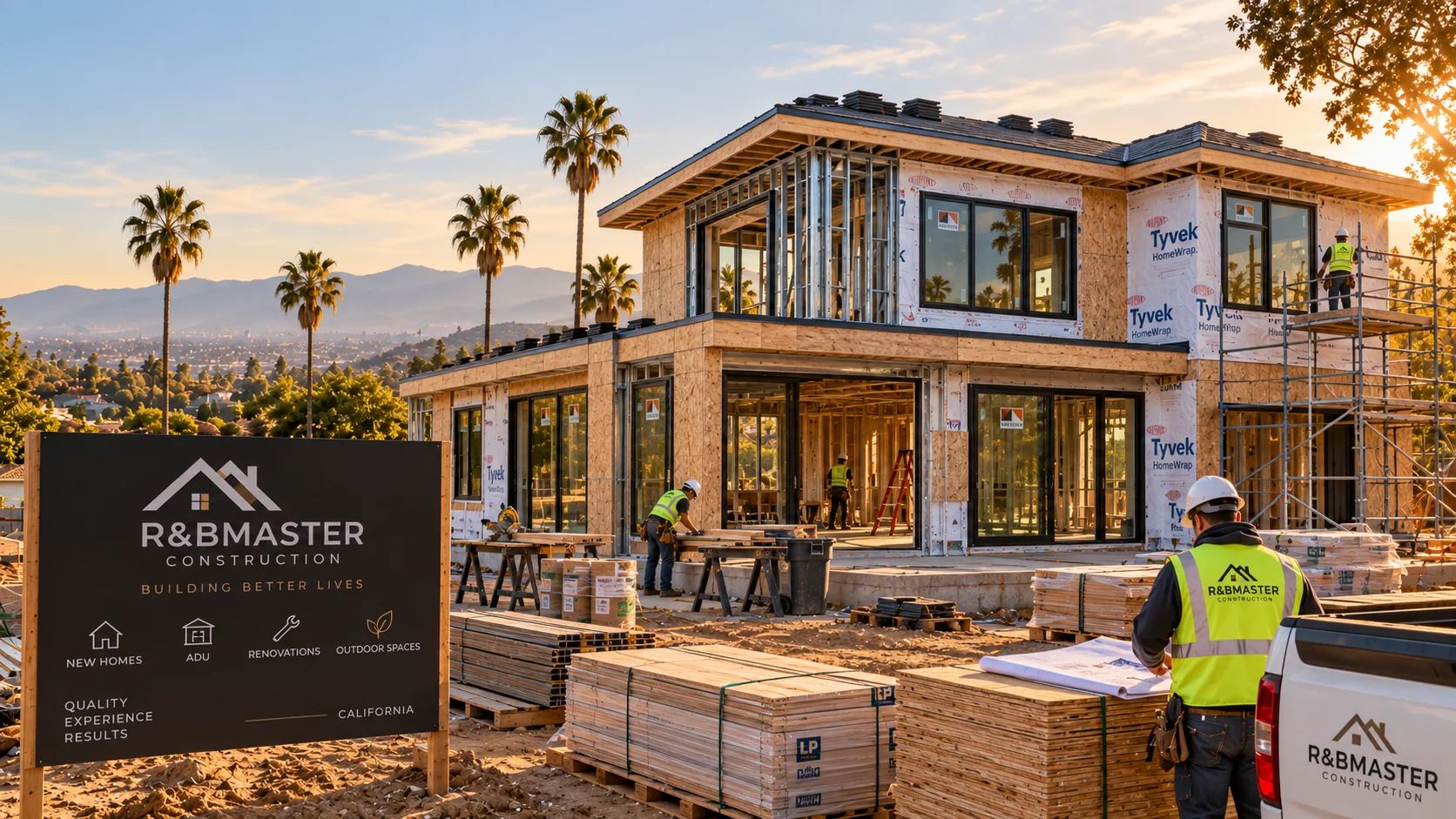 Illustrative construction scene showing a home's framing, exterior enclosure and window installation