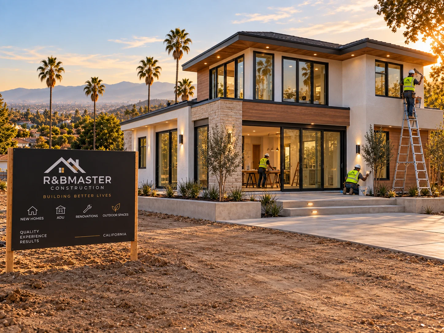 Illustrative two-story home with cream stucco, wood and stone accents, with workers completing exterior and interior finishes