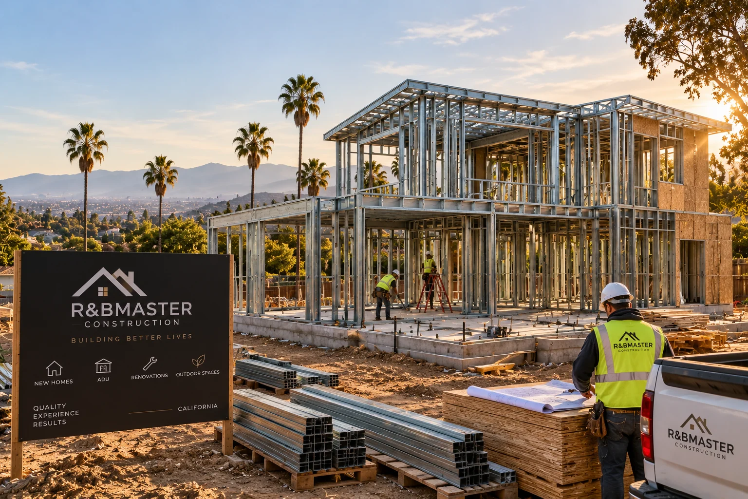 Construction concept of a two-story steel-framed home, with workers, building materials and an R&B Master Construction sign
