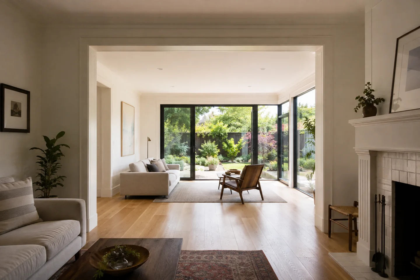 Attached family-room addition concept viewed through a broad opening in an existing living room, with continuous oak flooring and garden-facing glass doors