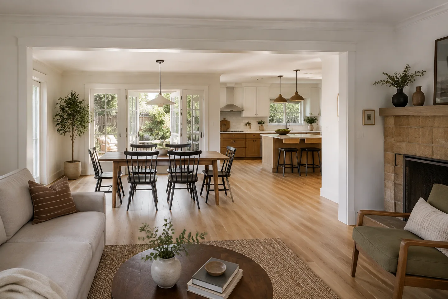 Whole-home renovation concept connecting a living room, dining area and kitchen with consistent oak flooring and broad openings