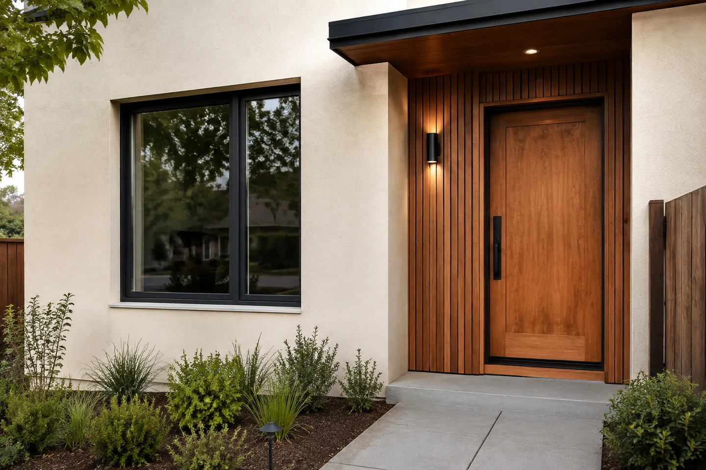 Exterior renovation concept showing cream stucco, cedar accent siding, a recessed dark-framed window and an oak front door