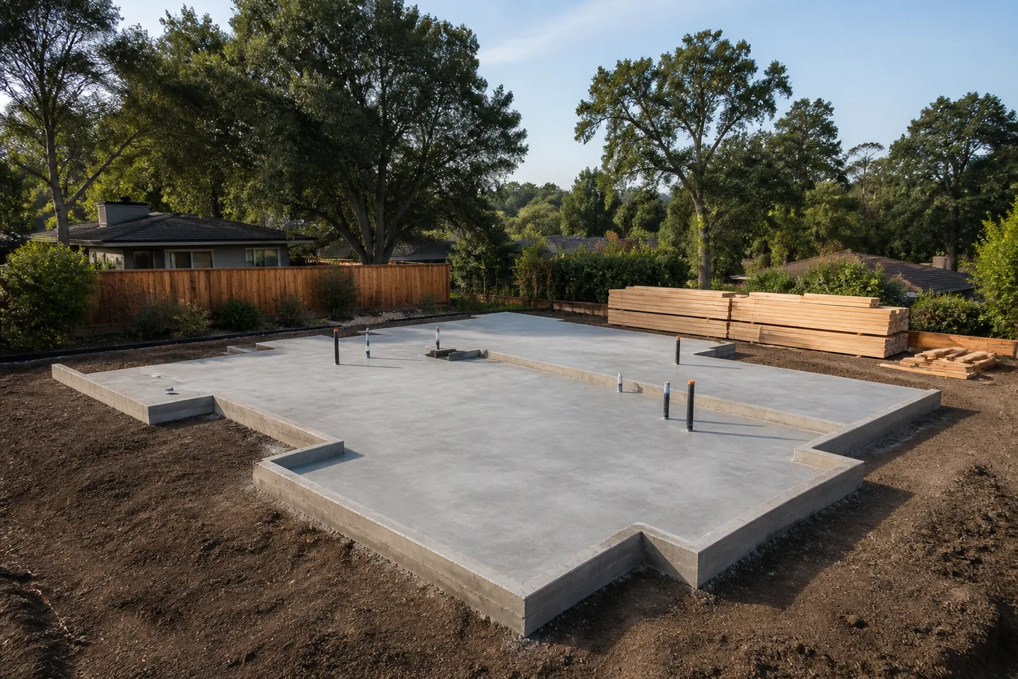 New-home foundation concept with a concrete slab, capped service locations and framing materials beside a tree-lined residential lot