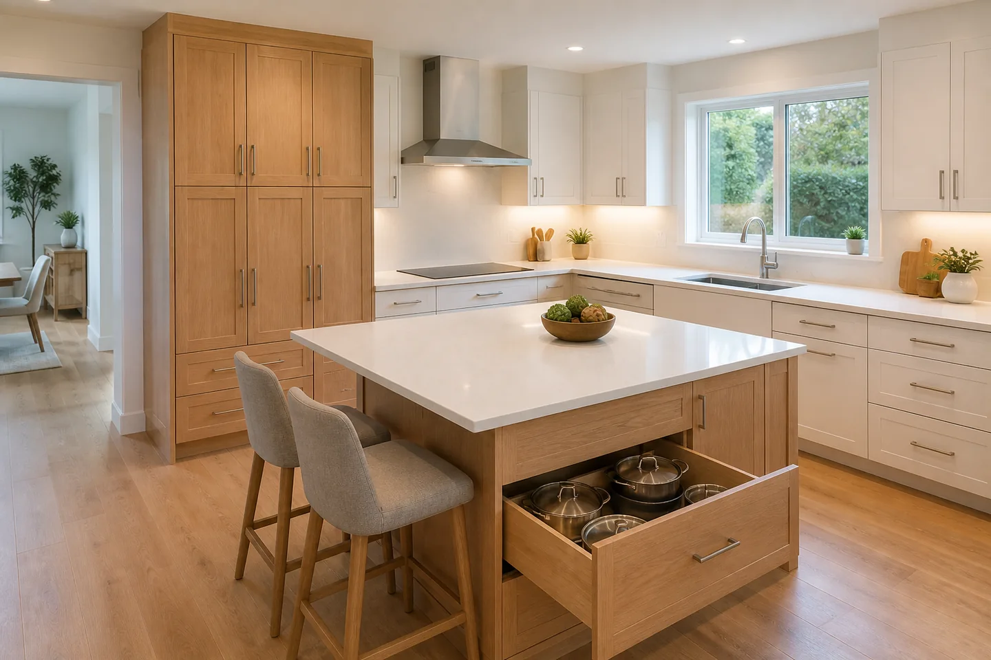 Kitchen remodeling concept with an oak island, a deep storage drawer, tall pantry cabinets and a clear preparation counter