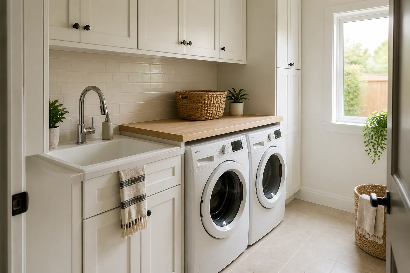 Laundry-room plumbing concept with a utility sink, a chrome faucet, side-by-side washer and dryer and coordinated storage cabinetry
