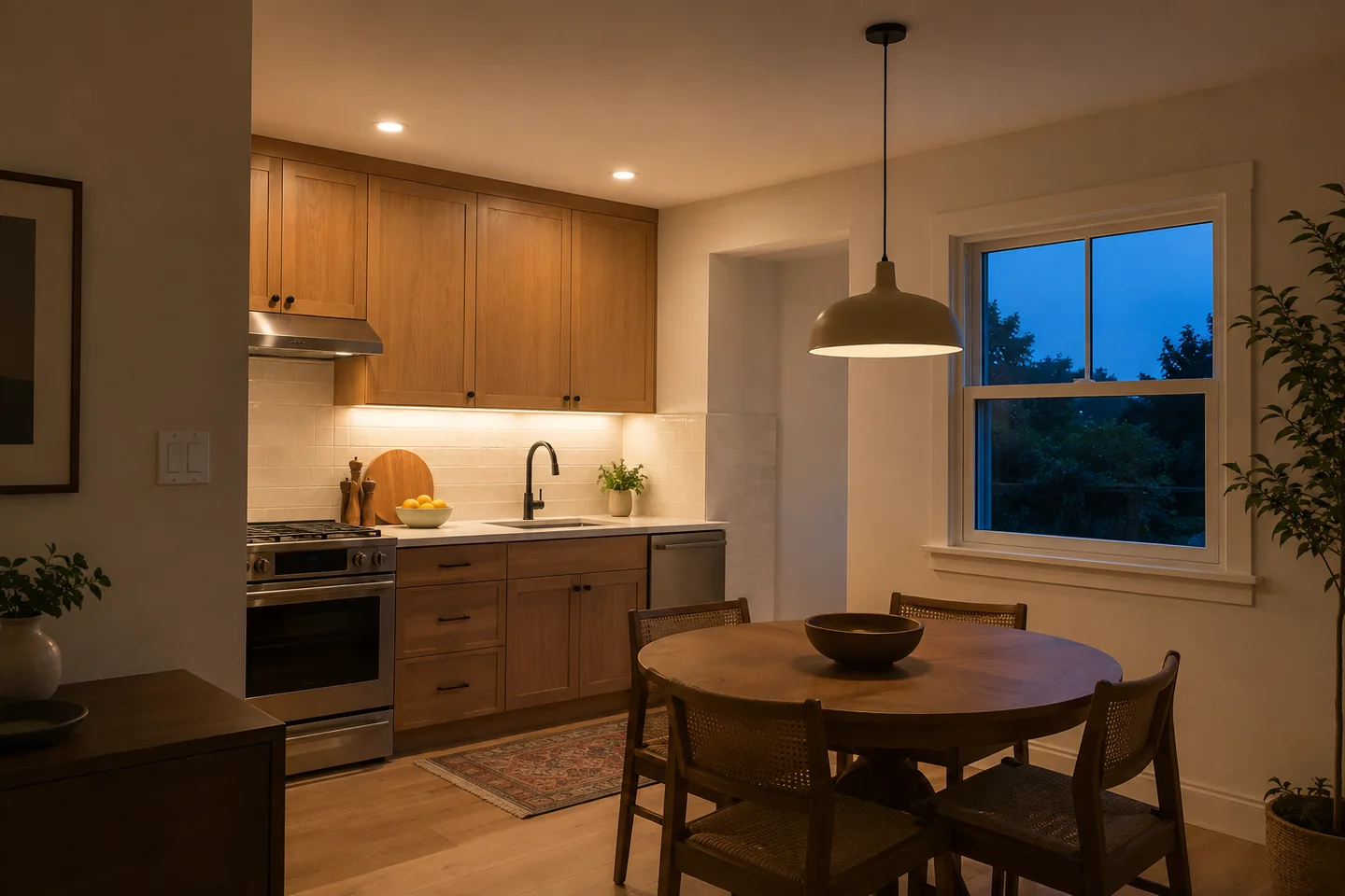 Residential lighting concept with under-cabinet task lighting, ceiling lights and a dining pendant in a warm kitchen at dusk