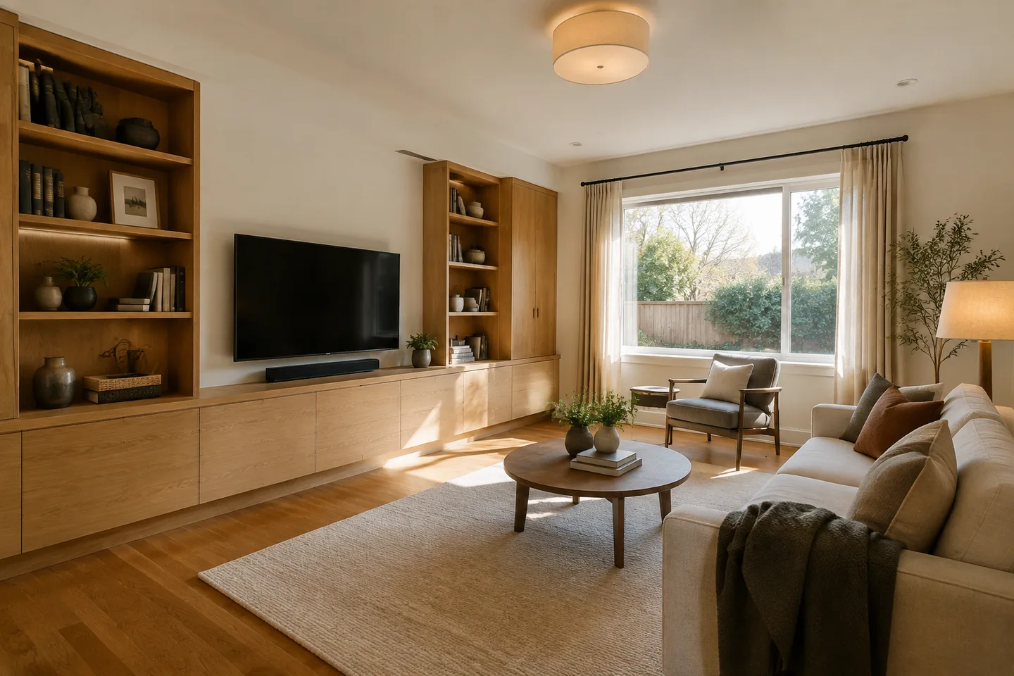 Living-room renovation concept with low oak media cabinetry, integrated shelves, a linen sofa and a reading chair beside a window