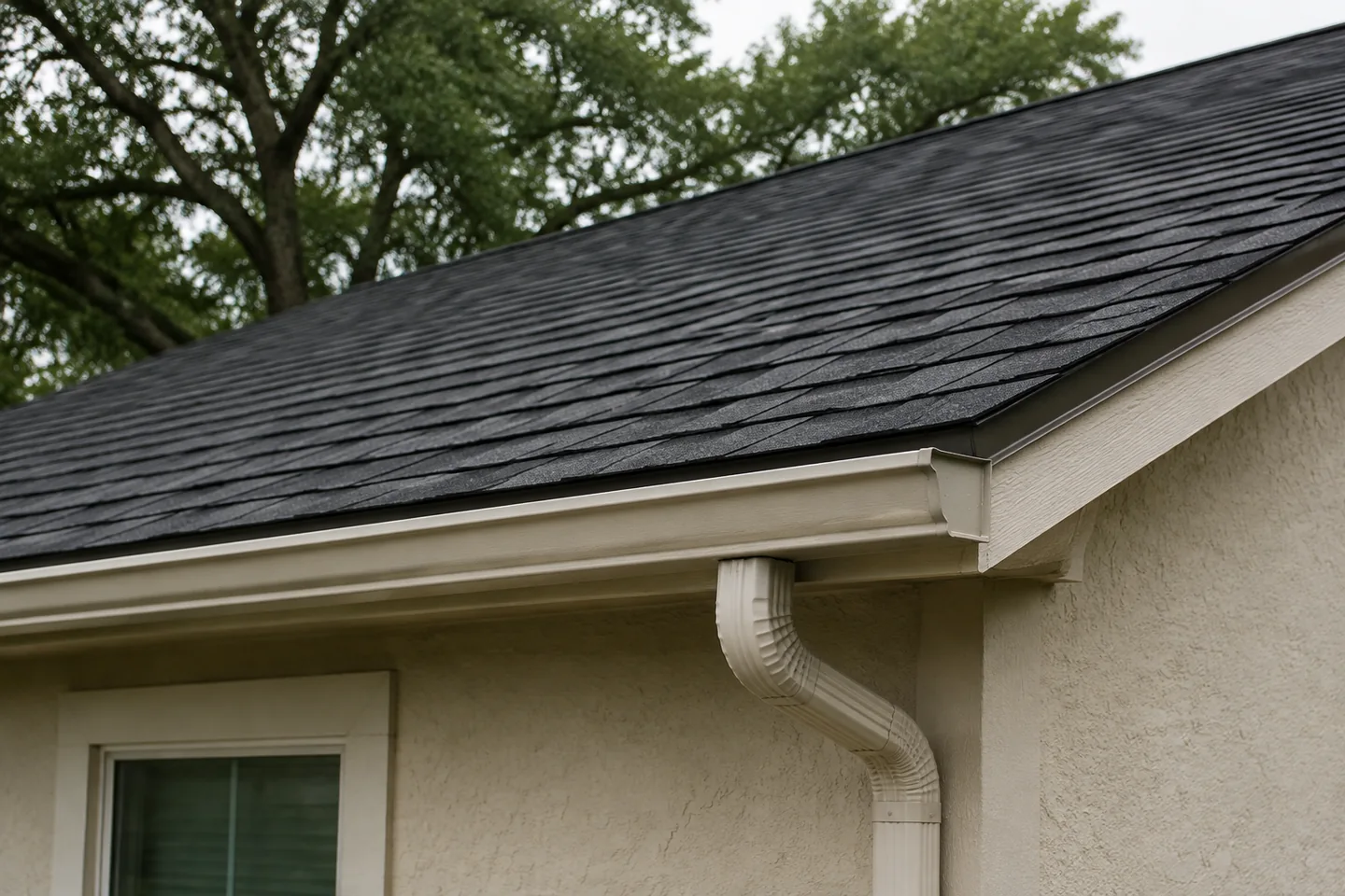Residential roof detail concept showing charcoal asphalt shingles, metal drip edge, a gutter, fascia and a downspout above cream stucco
