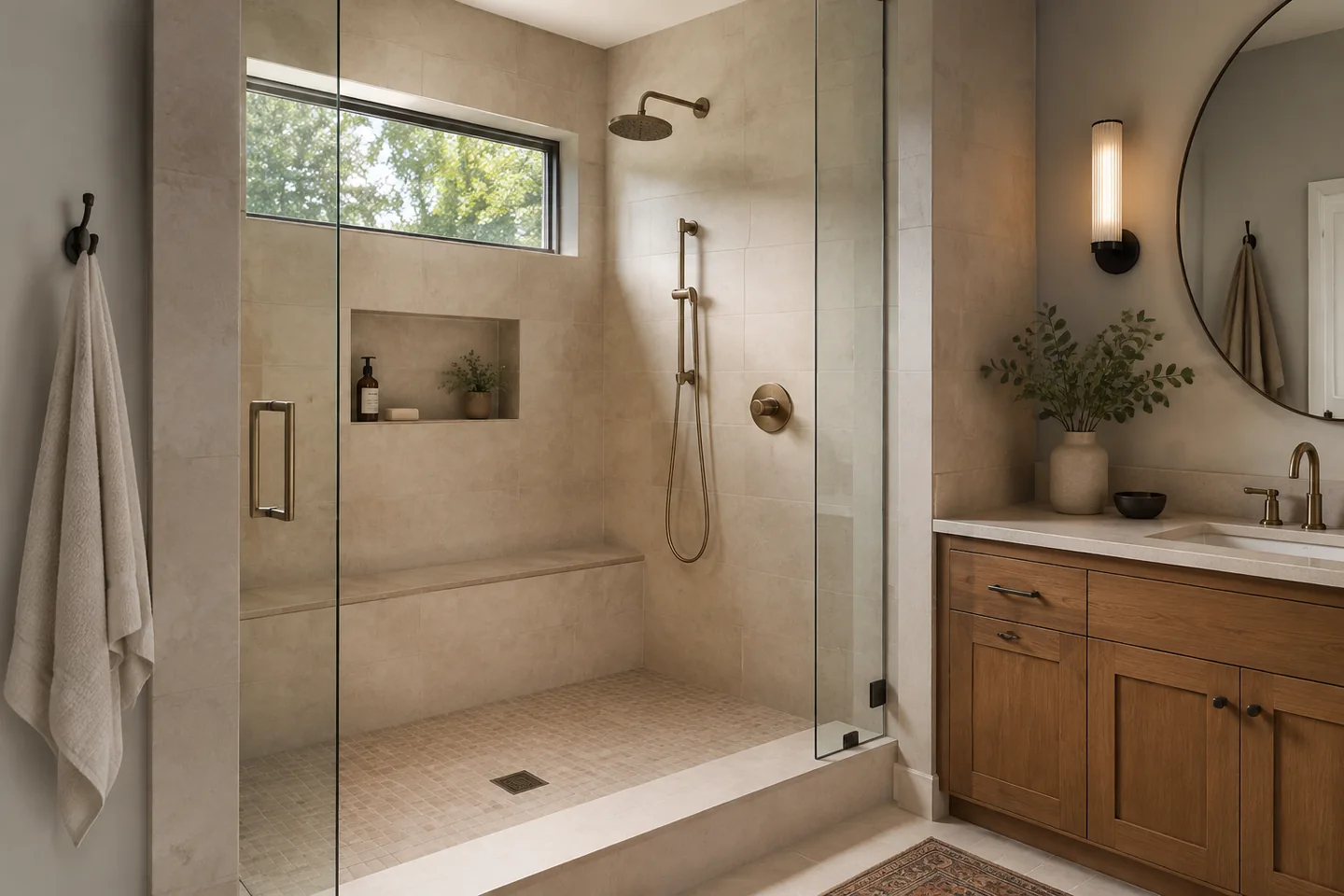Bathroom renovation concept with a glass shower, low curb, tiled bench, recessed niche and a wood vanity