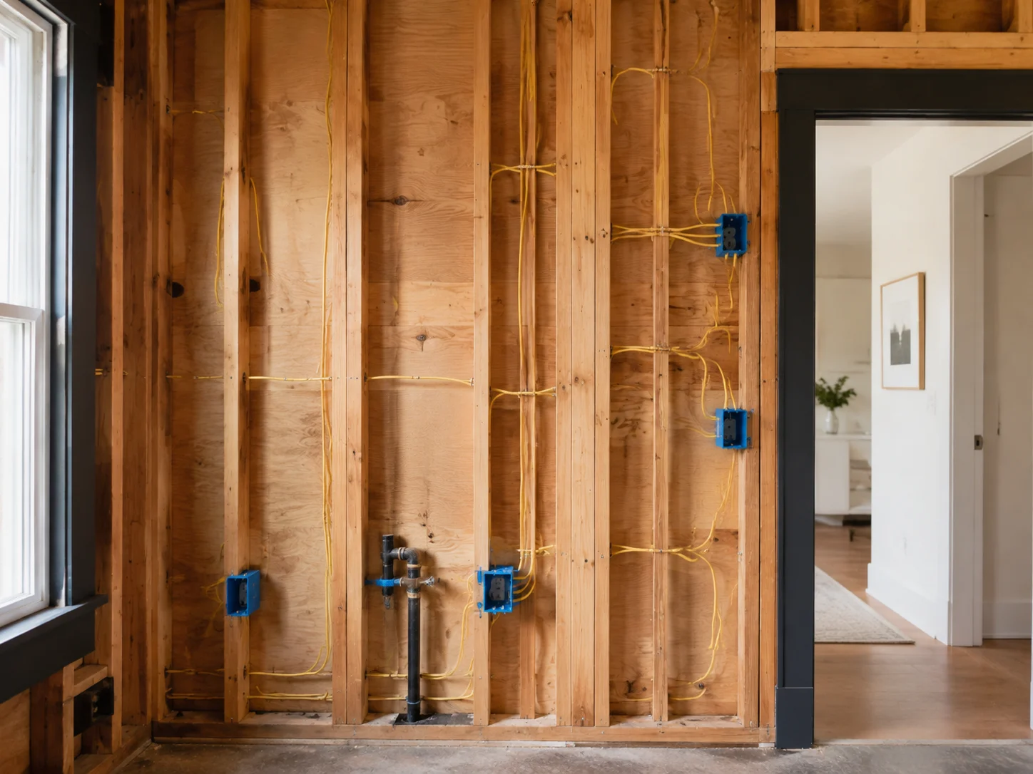 Illustrative electrical rough-in with cables and wall boxes in exposed timber framing