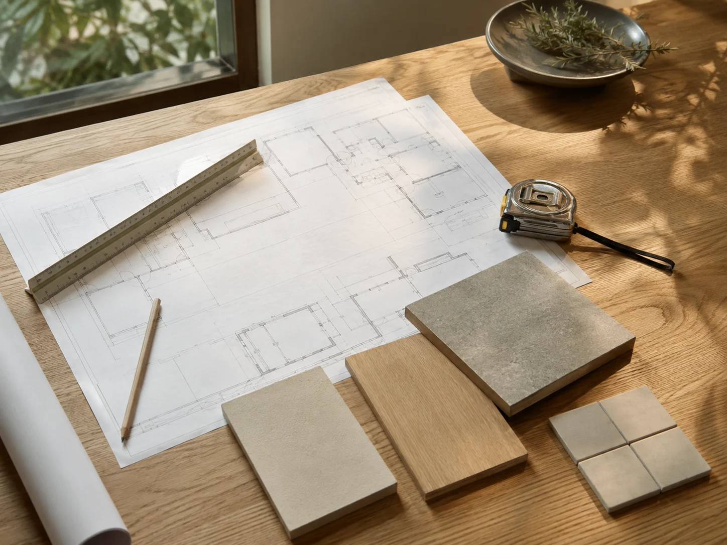 Illustrative residential planning table with drawings, material samples and measuring tools