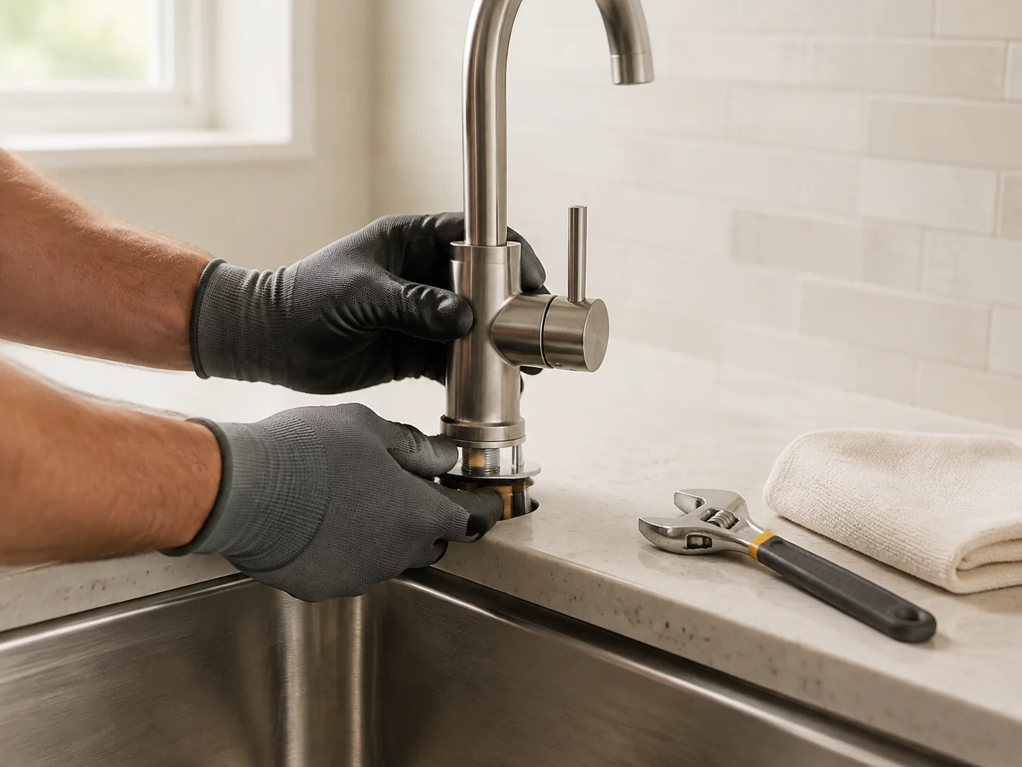 Illustrative installation of a kitchen faucet at a stainless steel sink