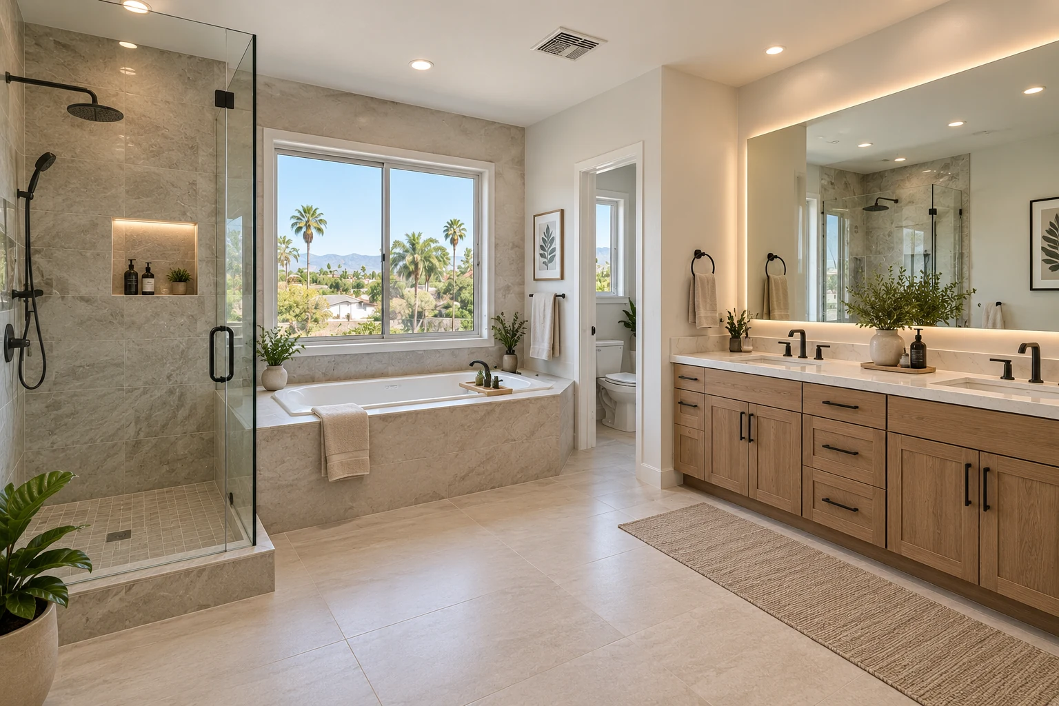 Bathroom concept with a glass shower, built-in bathtub, wood double vanity and illuminated mirror