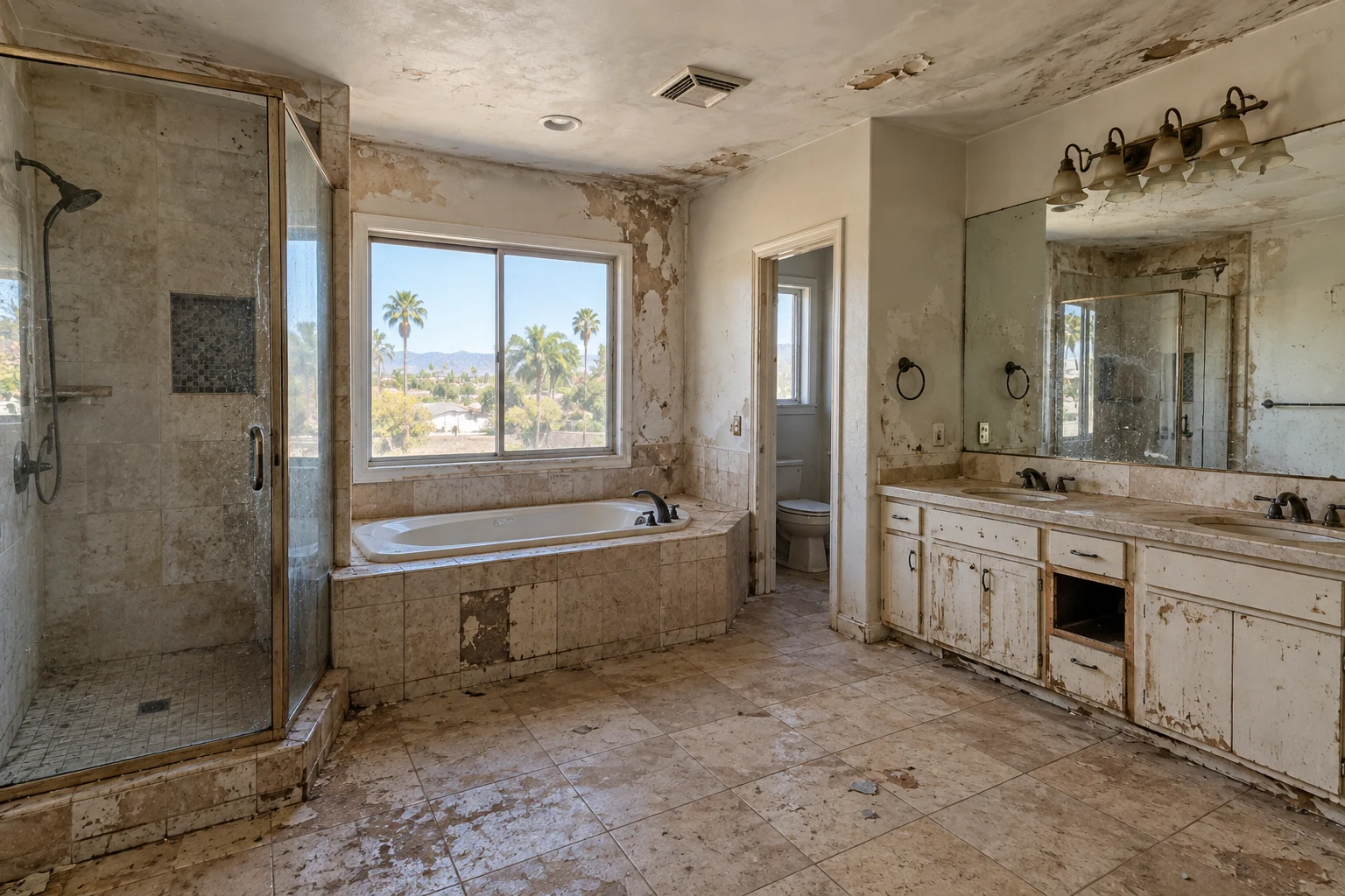 Before concept: a worn bathroom with peeling walls and ceiling, a glass shower, tiled built-in bathtub and damaged white double vanity