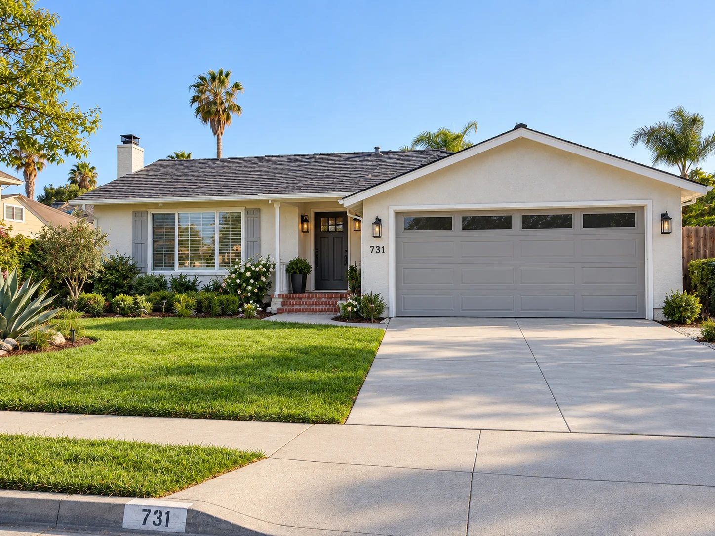 Renovation concept of a California house with renewed stucco, roofing, garage door and landscaping