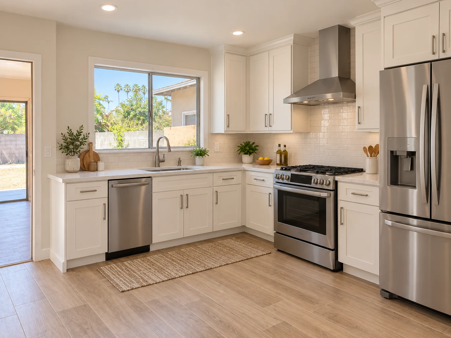 Kitchen reference with white shaker cabinets, pale counters and stainless steel appliances