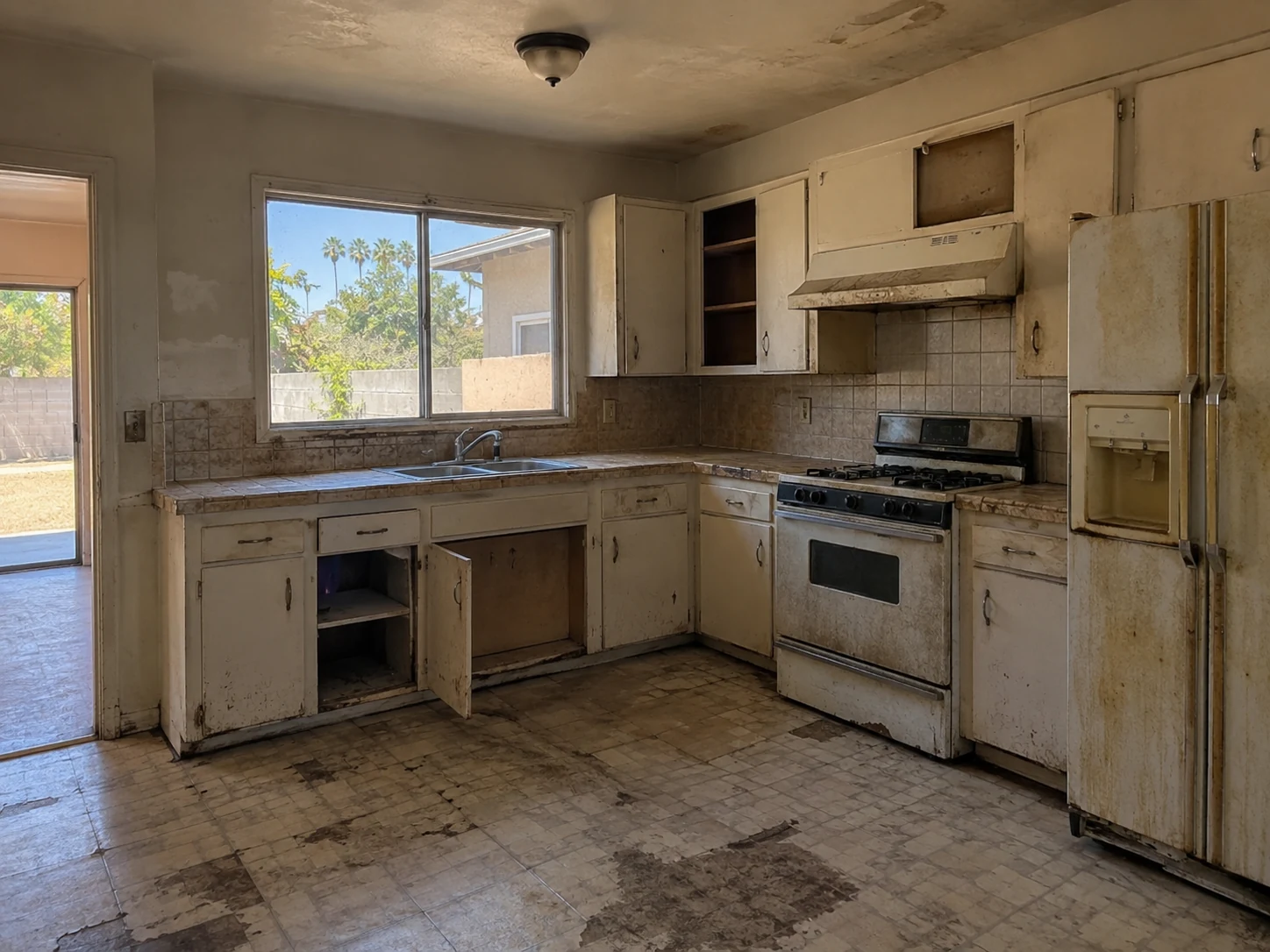 Before concept: a worn L-shaped kitchen with damaged white cabinets, tiled counters, old appliances and peeling floor and ceiling finishes