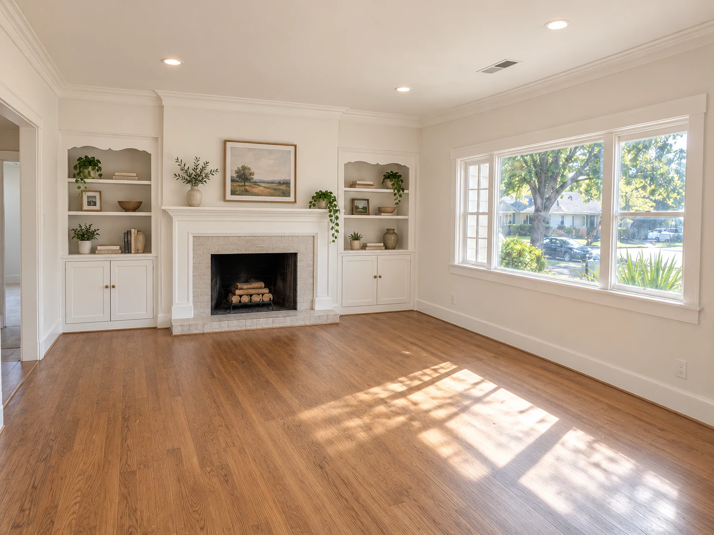 Living room concept with renewed wood flooring, a pale fireplace surround, built-in shelves and natural light